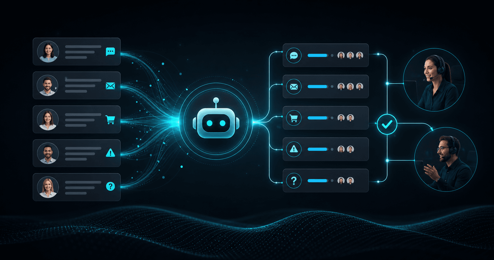 Illustration d’un flux de tickets client organisé par un chatbot IA avant transfert à l’équipe support