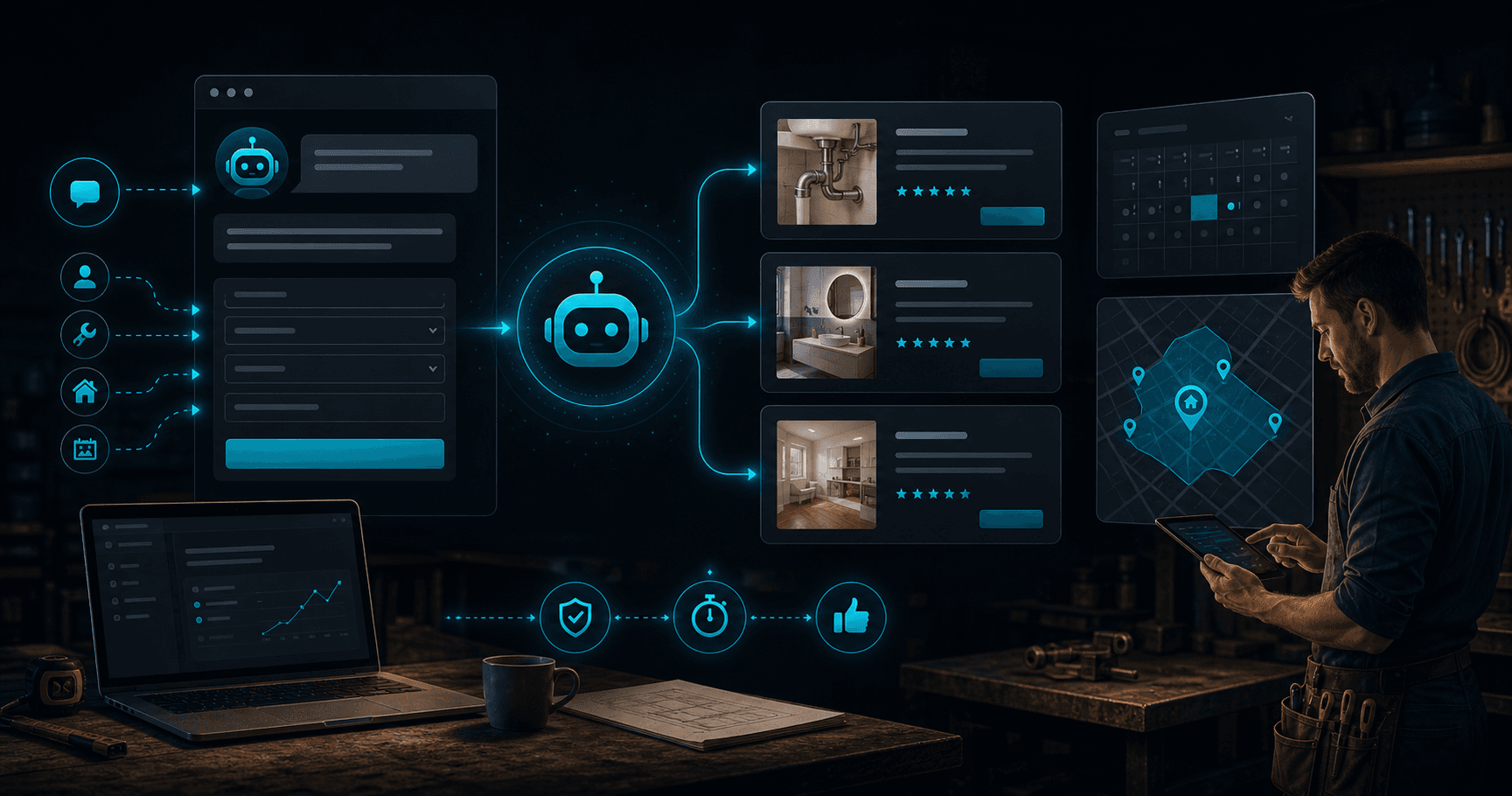 Illustration d’un artisan recevant des demandes de devis mieux qualifiées grâce à un chatbot IA