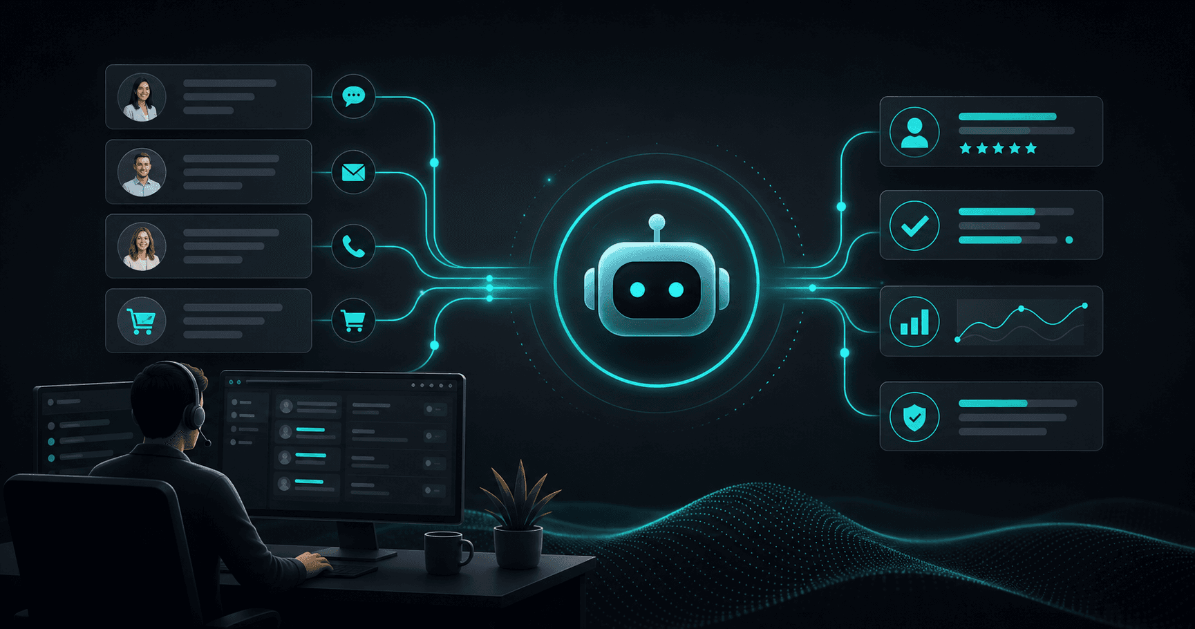Illustration abstraite d’un chatbot IA aidant une PME à traiter ses demandes client