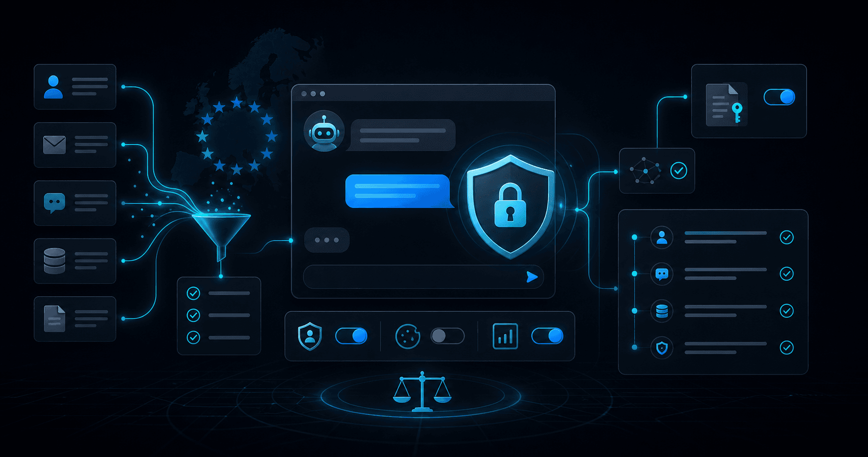 Illustration d’un chatbot IA encadré par des règles de confidentialité et de transparence
