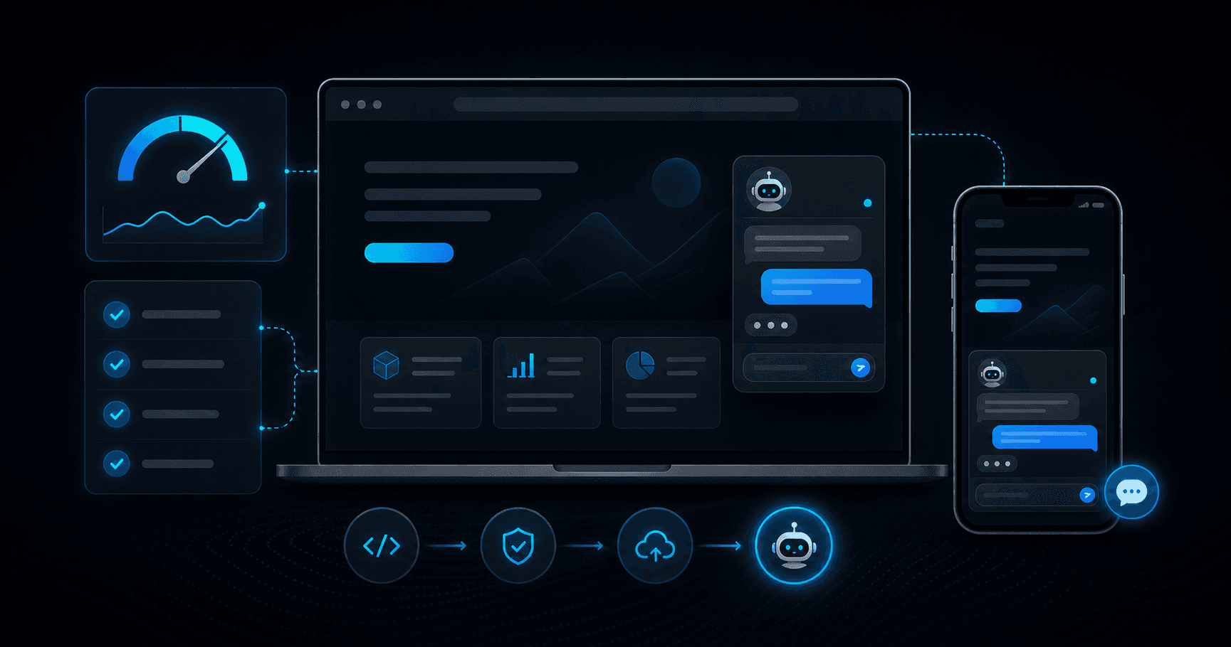 Illustration d’un widget chatbot IA intégré proprement dans une page web responsive