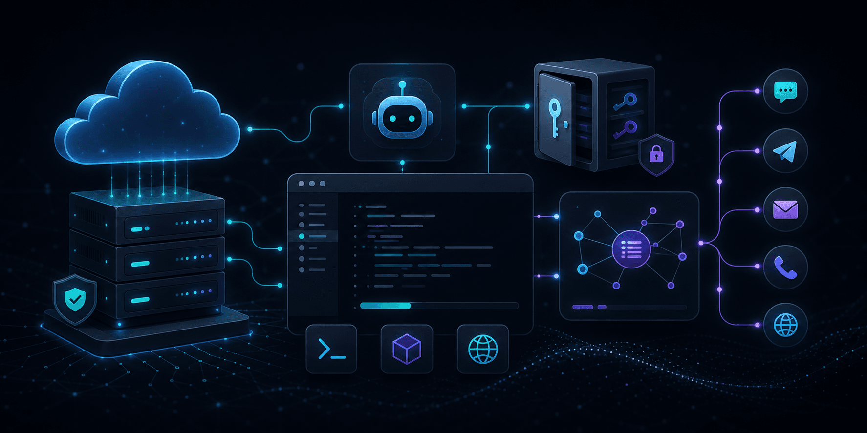 Illustration d’un agent IA auto-hébergé sur VPS avec terminal, mémoire et passerelles de messagerie