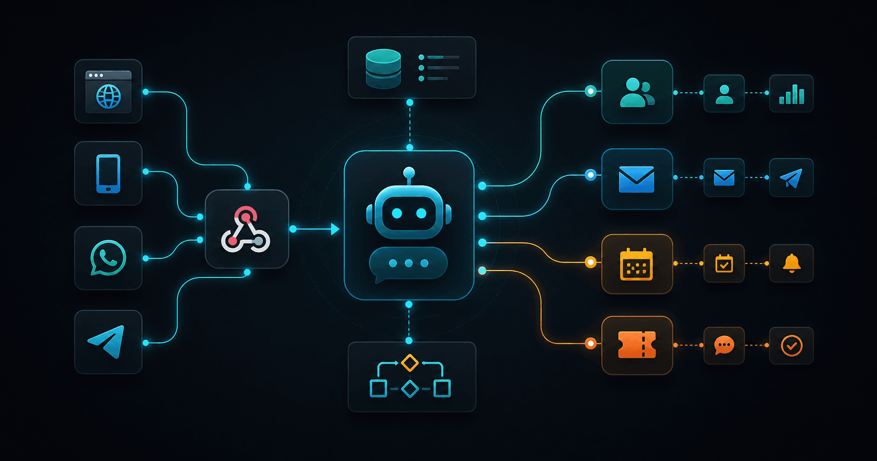 Illustration d’un chatbot IA connecté à un CRM, un email et un outil de ticketing via n8n