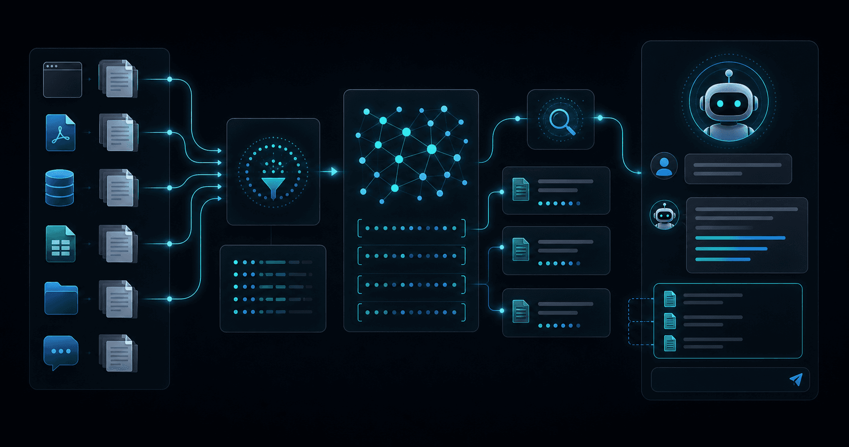 Illustration d’une base documentaire structurée reliée à un chatbot IA par recherche sémantique