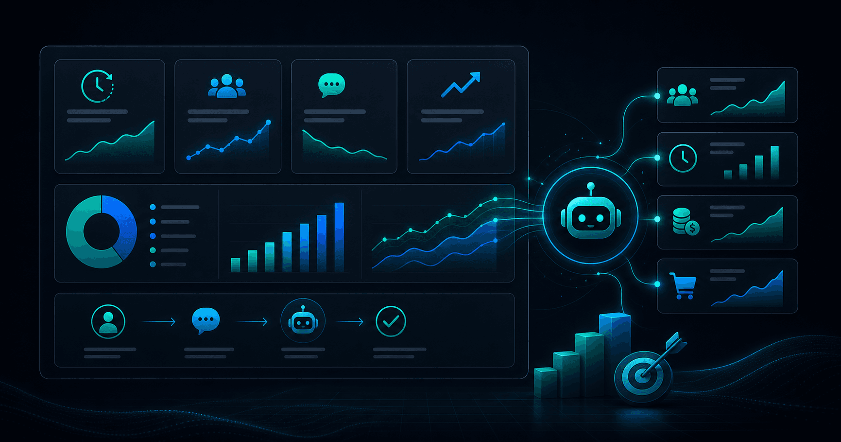 Illustration d’un tableau de bord ROI chatbot IA avec gains de temps et demandes qualifiées