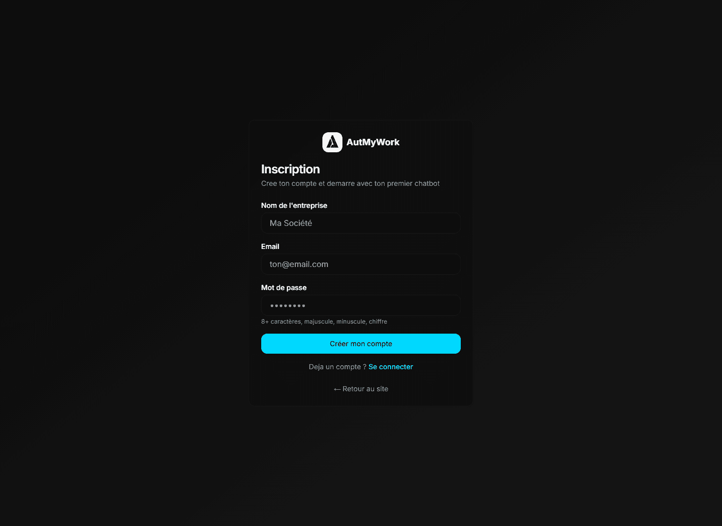 Capture du formulaire d'inscription AutMyWork sur l'environnement staging