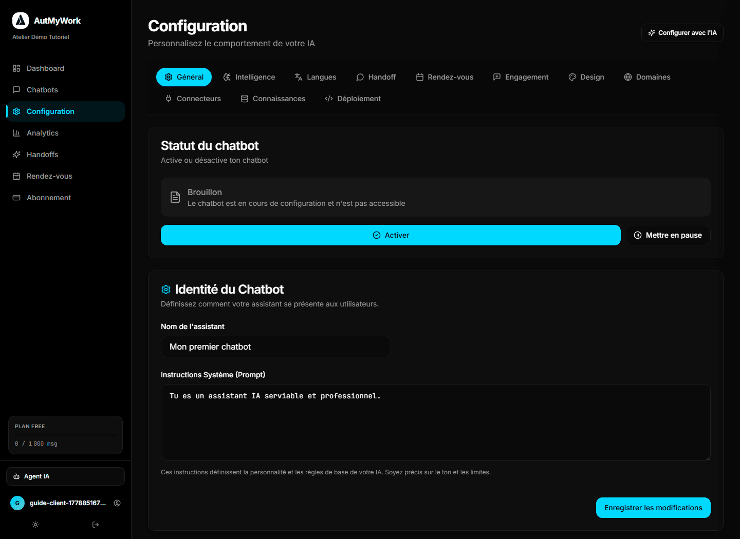 Capture de l'onglet général de configuration du chatbot AutMyWork