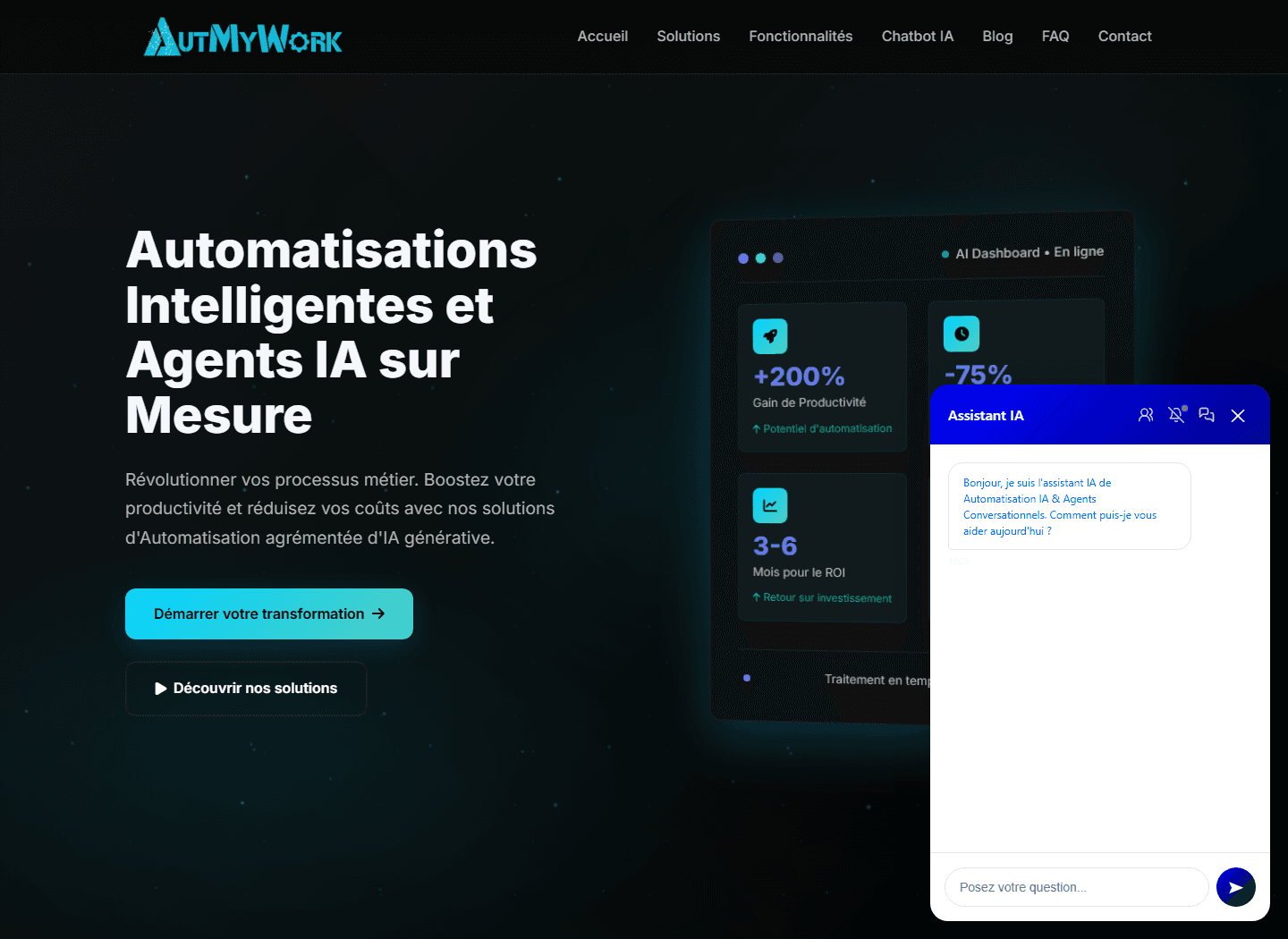 Capture du widget chatbot AutMyWork ouvert sur le site staging
