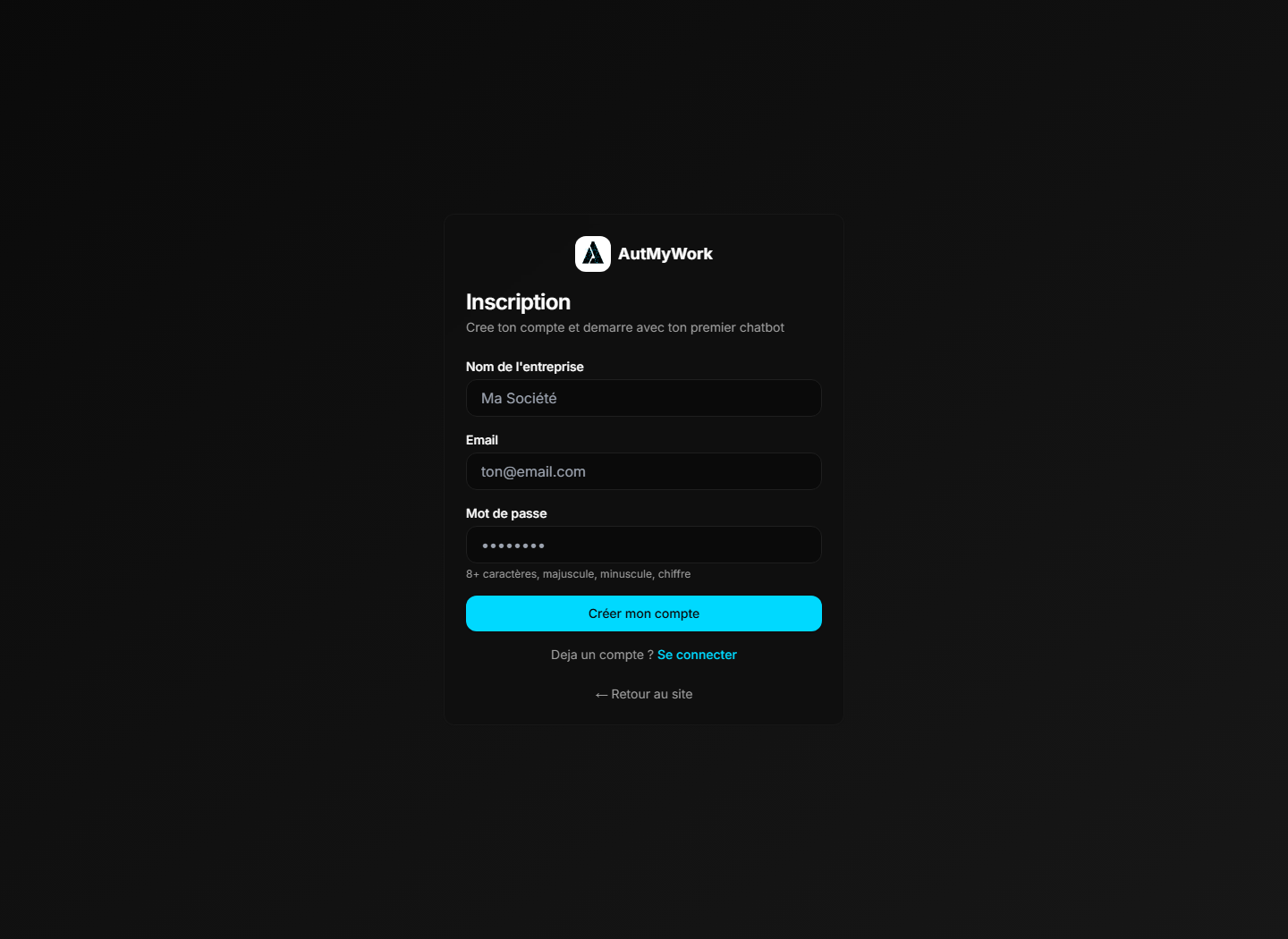 Formulaire d’inscription AutMyWork avec nom d’entreprise, email et mot de passe.