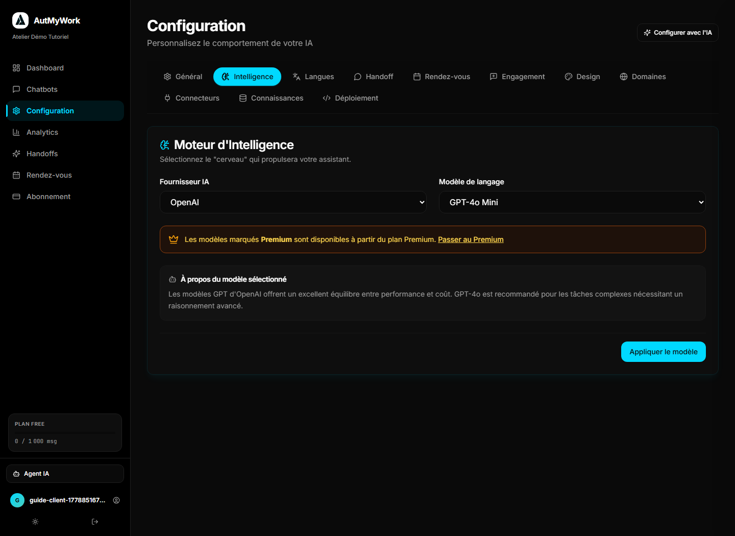 Onglet Intelligence de la configuration AutMyWork.