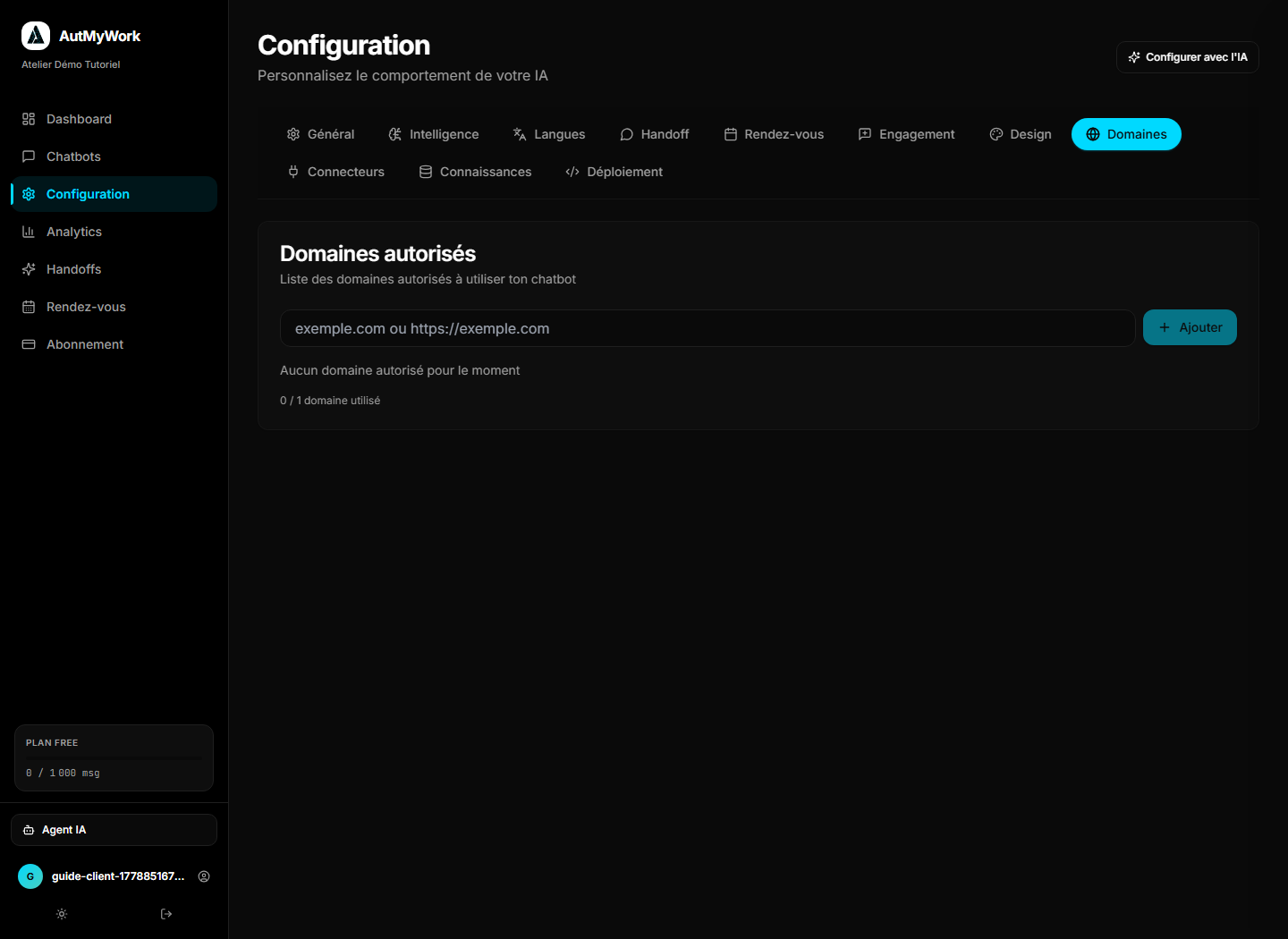 Onglet Domaines de la configuration AutMyWork.