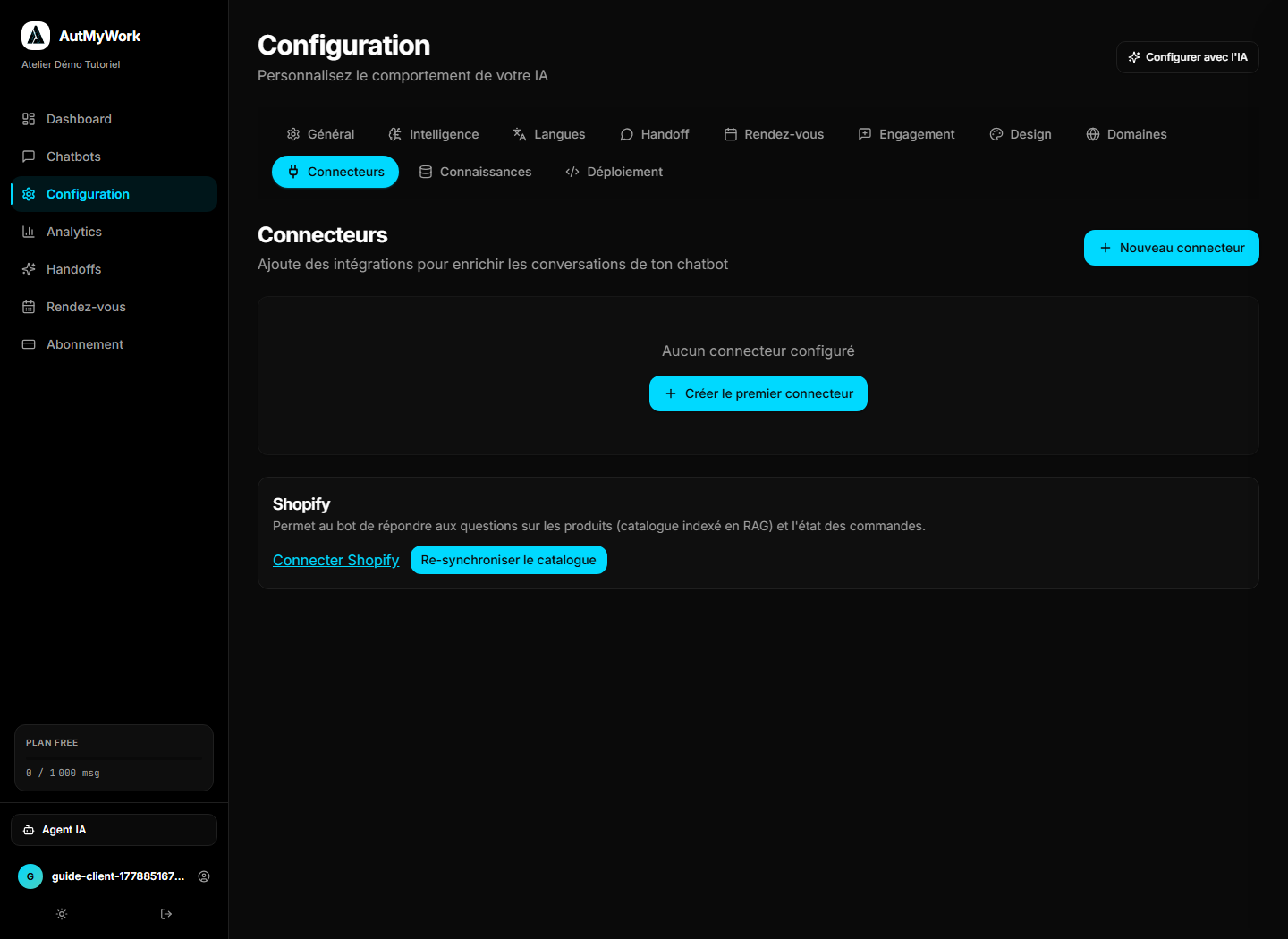 Onglet Connecteurs de la configuration AutMyWork.
