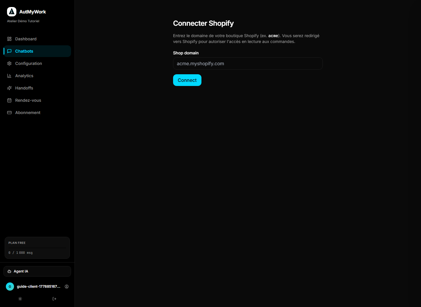 Page Connecter Shopify dans AutMyWork.