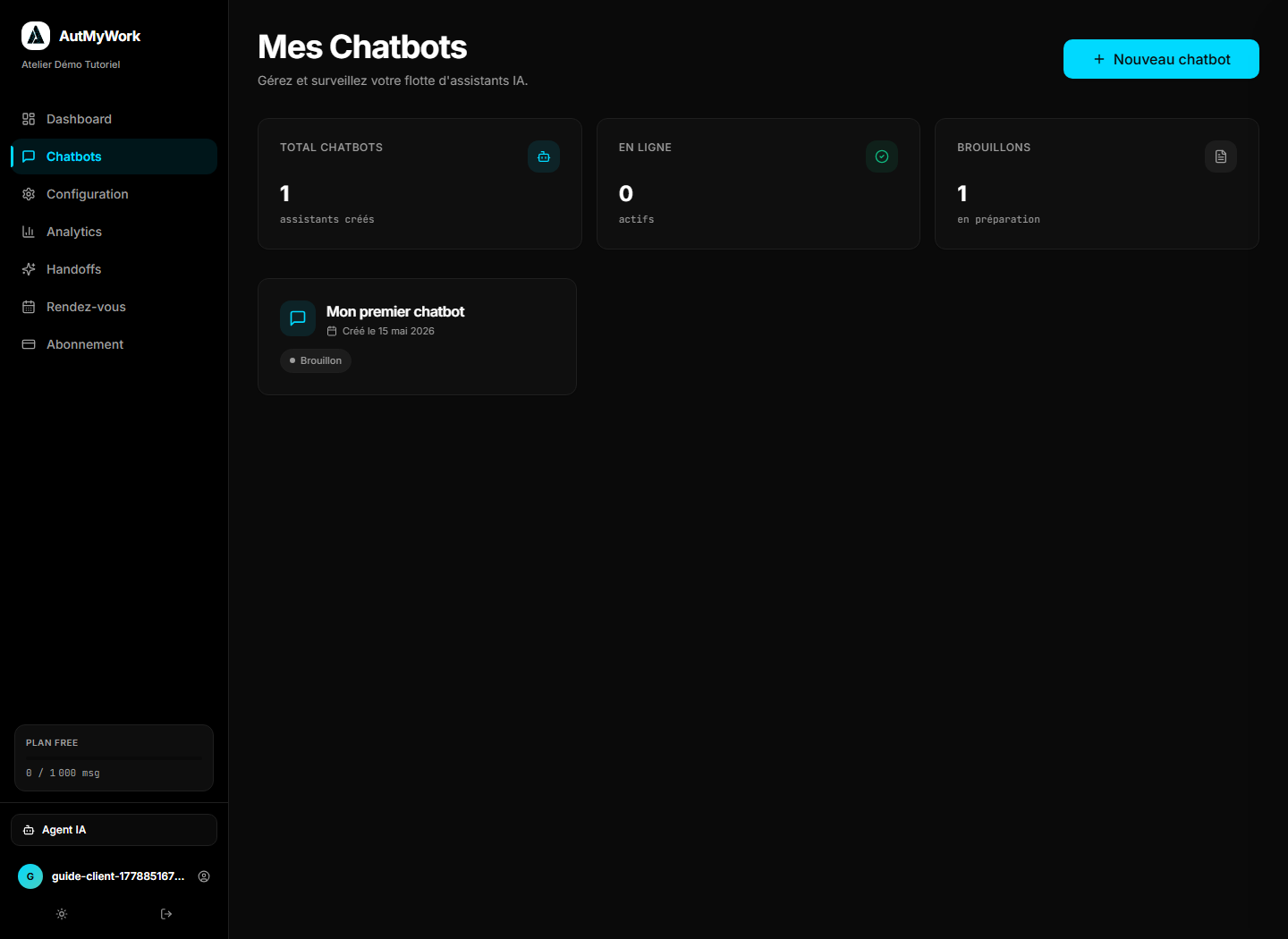 Liste des chatbots dans le dashboard AutMyWork AutMyWork.