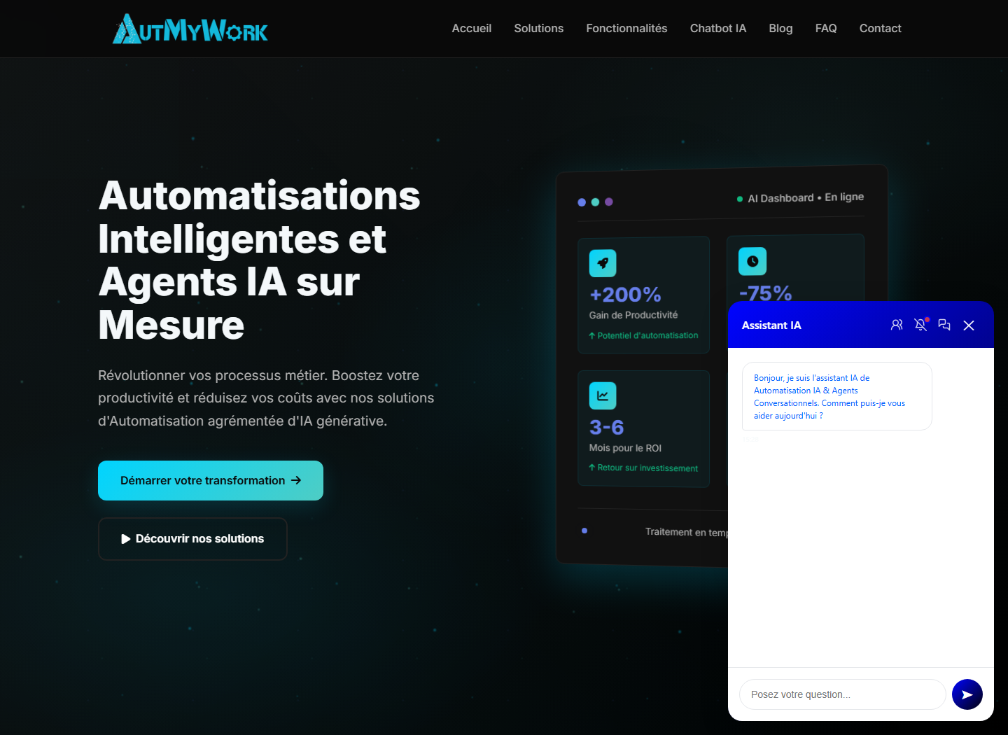 Widget chatbot AutMyWork ouvert sur le site staging.